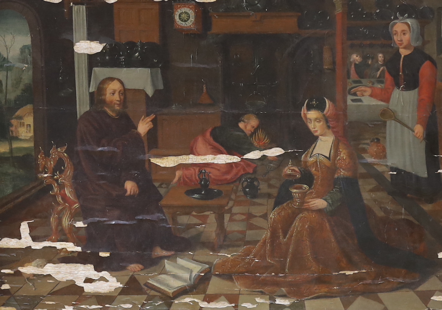 16th century style, oil on board, Figures in an interior, possibly by Maxwell Scott, The Pantechnicon, Maxwell Scott label verso, carved wood frame, 53cm x 38cm